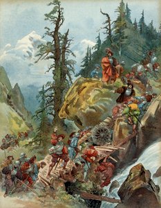 第5次イタリア戦争（1515-1516）：1515年8月、イタリアに向かうフランソワ1世（1494-1547）の軍隊がラルシュ峠を越えてアルプスを通過する様子。イラスト 作： Albert Robida