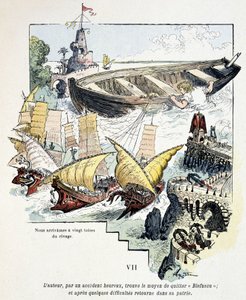 リリパット人の港でのガリバーと巨大な船 - ジョナサン・スウィフトの「ガリバー旅行記」（1721年）より、ロビダの絵による 作： Albert Robida