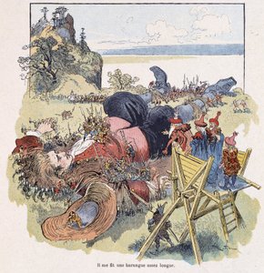 リリパット人に拘束されたガリバー - スウィフト著「ガリバー旅行記」（ロビダ画）より 作： Albert Robida
