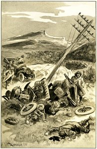 アルベール・ロビダ（1848-1926）がレオン・ベルソーの著書『Le record du tour du monde』のために描いたイラスト。車が電信柱に衝突し、乗客が怪我を負った。 作： Albert Robida