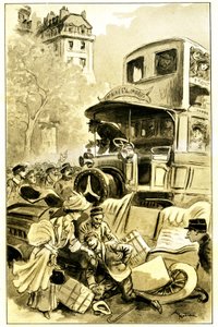アルベール・ロビダ（1848-1926）がレオン・ベルソーの著書『Le record du tour du monde』（マメ社、20世紀デビュー版、1911年）に描いたイラスト。運転手は負傷。 作： Albert Robida