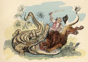 アルベール・ロビダによる「ミュンヒハウゼン男爵の歴史と冒険」（ミュンヒハウゼン）の挿絵、H.ローレンス編、19世紀末" 作： Albert Robida