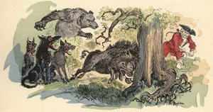 アルベール・ロビダによる「ミュンヒハウゼン男爵の歴史と冒険」（ミュンヒハウゼン）の挿絵、H.ローレンス編、19世紀末" 作： Albert Robida