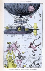 北極探検隊の出発時の事件（エアロスタットとワッキーシーン）、ジュール・ヴェルヌのパロディ、"Very extraordinary travels of Saturnin Farandoul in 5 or 6 parts of the world and all countries known or unknown to Mr Jules Verne" 作： Albert Robida
