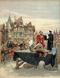 シャルル・ド・ブルボン家（1489年～1537年）の衛兵隊長であったサン・ヴァリエ伯爵ジャン・ド・ポワチエ（1475年頃～1539年）は、1524年に死刑台に立たされた。イラスト
