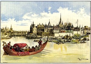5月31日、パリのセーヌ川にポンヌフの最初の石を置くボートに乗った国王アンリ3世 作： Albert Robida