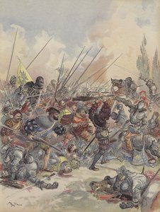 パヴィアの王は、馬から落ちて負傷し、取り囲んだ群衆と戦っている（カラーリトグラフ 作： Albert Robida