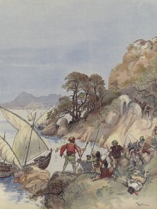野蛮人は地中海沿岸を恐怖に陥れ、住民を誘拐して奴隷として売る 作： Albert Robida