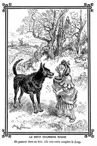ケーキとバター壺を持った赤ずきんちゃんが狼と出会う。1920-1930年の子供向け朗読集に掲載されたアルベール・ロビダ（1848-1926）の絵。