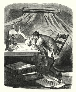 テーブルで読書する男（エングレーヴィング） 作： Albert Robida