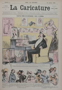 殺人または離婚、アレクサンドルデュマフィルス（1824-95年）を夫婦ドラマの「専門家」として描いた「ラカリカチュア」の表紙、1880年1月1日 作： Albert Robida