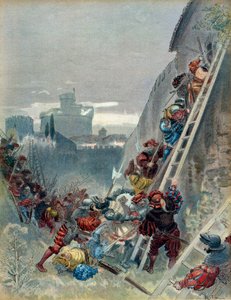 第7次イタリア戦争（1526-1529年）。1527年5月6日、ブルボン家のシャルル3世（1490-1527）がローマの包囲網で死去。イラスト 作： Albert Robida