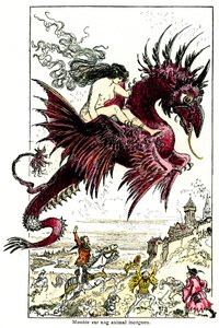 サキュバス：竜に乗る女悪魔（女性）-オノレ・ド・バルザックの『ドロラティック物語』のためのアルベール・ロビダによる挿絵-20世紀初頭 作： Albert Robida