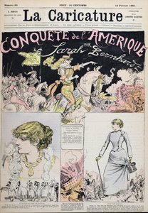 サラ・ベルナールによるアメリカ征服」、「ラ・カリカチュア」誌の漫画 作： Albert Robida