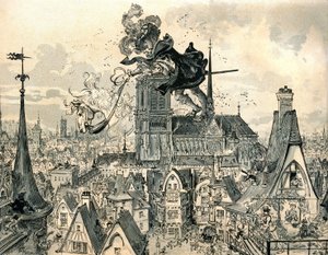 巨大なガルガンチュアが馬から飛び降りる 作： Albert Robida