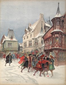 王は、ロモランタンの聖ポルの家での模擬戦いの間に負傷しました。 1909 作： Albert Robida
