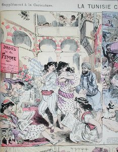チュニジアの「女性の権利」、1883年の「Le Caricature」の漫画（カラーリトグラフ） 作： Albert Robida