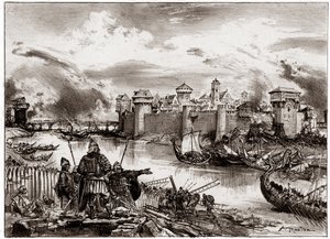 ジークフリート率いるノルマン人の海賊ヴァイキングがパリを包囲（版画） 作： Albert Robida