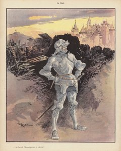 The Watch；都市の包囲を見守る鎧を着た兵士（カラーリトグラフ 作： Albert Robida