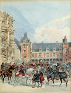 1524年以前、ブロワ城のフランソワ1世（1494-1547）の宮廷。イラスト 作： Albert Robida