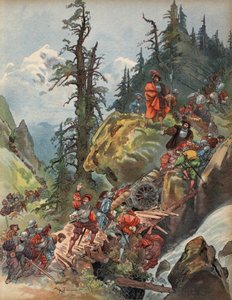 フランソワ・イヤーのアルプス越え」のイラストGeorge G. Toudouze著「Le Roi Chevalier」（1909年出版）の挿絵。1909年（カラーリトグラフ）。