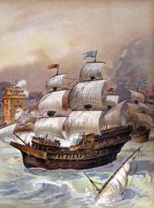 A frota de Jean Ango bloqueia o Tejo e ameaça Lisboa, c.1909 (ilustração) 作： Albert Robida