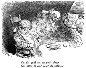砂の商人が通り過ぎた食後、眠る子供。眠っている。"夜に砂をまきにくる小さなおじいさんだそうです..."アルベール・ロビダ（1848-1926）が1920-1930年の子供向け朗読集に描いた絵。 作： Albert Robida