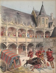 アンボワーズのイノシシ、「Francois Ier.Le Roi Chevalier」からのイラスト。George G. Toudouze著「Le Roi Chevalier」（1909年出版）の挿絵。1909年（カラーリトグラフ）。 作： Albert Robida