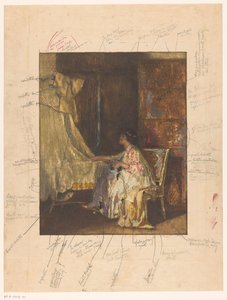 ベビーベッドの隣の椅子に座っている女性 作： Albert Roelofs