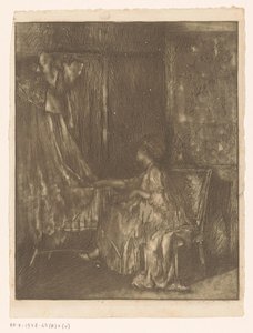 ベビーベッドの隣の椅子に座っている女性 作： Albert Roelofs