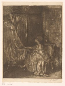 ベビーベッドの隣の椅子に座っている女性 作： Albert Roelofs