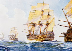 右舷タックに一列に並ぶ18世紀の船、アルベール・セビーユ（1874～1953）の水彩画、20世紀