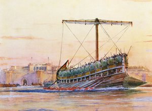 アッシリアのガレー船、アルベール・セビーユ（1874～1953）の水彩画 作： Albert Sébille