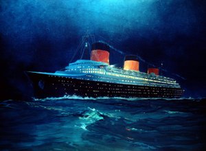 夜間横断中のフランス定期船ノルマンディー号、20世紀（絵画）