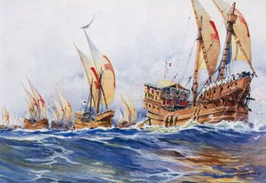1268年、第8回十字軍遠征中のルイ9世のフランス船、アルベール・セビーユ（1874-1953）の水彩画 作： Albert Sébille