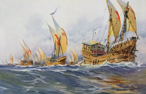 1268年、第8回十字軍のサン・ルイ号のフランス船（カラーリトグラフ） 作： Albert Sébille