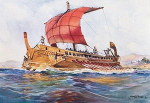 アルベール・セビーユ（1874-1953）の水彩画による古典ギリシア時代の軽便船。 作： Albert Sébille