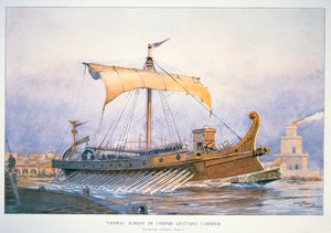 港を出るローマ帝国船、1930年頃（カラーリトグラフ） 作： Albert Sébille
