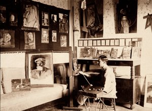 画家グリエルモ・ギニのアトリエ（Ponte a Vingone, Scandicci, Florence, 1920年9月）（モノクロ写真 作： Alberto Fierli