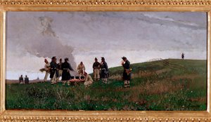 火を囲んでイタリア軍の兵士のビバーク（油彩・キャンバス