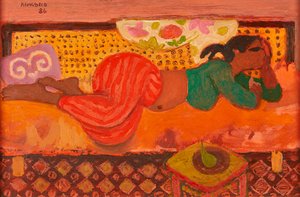 ソファの上のチュニジアの女の子（オイルオンボード） 作： Alberto Morrocco