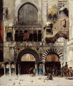 ビザンチン記念碑のドアで指揮官を待っているチェルケス騎兵隊... 作： Alberto Pasini