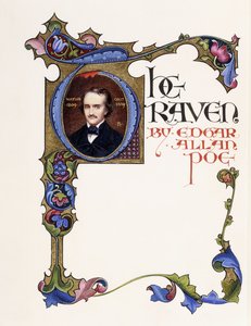 エドガー・アラン・ポー著「The Raven」の照明付きタイトルページ、画家の肖像と歴史的なイニシャル「T」が描かれている。 作： Alberto Sangorski