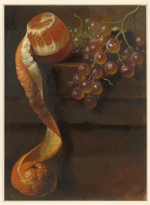 皮をむいたオレンジとブドウの房のある静物 作： Albertus Steenbergen