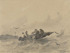 手漕ぎボートに乗った 4 人の男性 作： Albertus van Beest