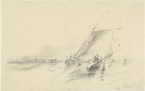 途切れ途切れの水の中でバージと海の風景 作： Albertus van Beest