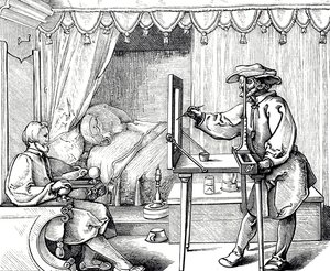 肖像画のプロポーションを整えるために画材を使う画家を描いた木版画。アルブレヒト・デューラー（1471-1528）によるもので、ルネッサンス期のドイツ人画家、版画家、理論家。