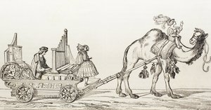 ラクダの引く馬車の中で演奏するオルガン奏者パウル・ホファナー 1880年頃（エングレーヴィング