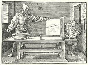 弦を使ってリュートの遠近法のイメージを構築した（エングレービング 作： Albrecht (after) Durer or Duerer
