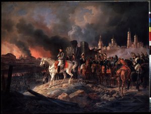 「「1812 年 9 月 15 日のモスクワ火災」」ナポレオン 1 世の軍隊が到着したとき、市の総督ロストプチン伯爵は市に火を放った。右はクレムリンを拡張します。 描きました 作： Albrecht Adam